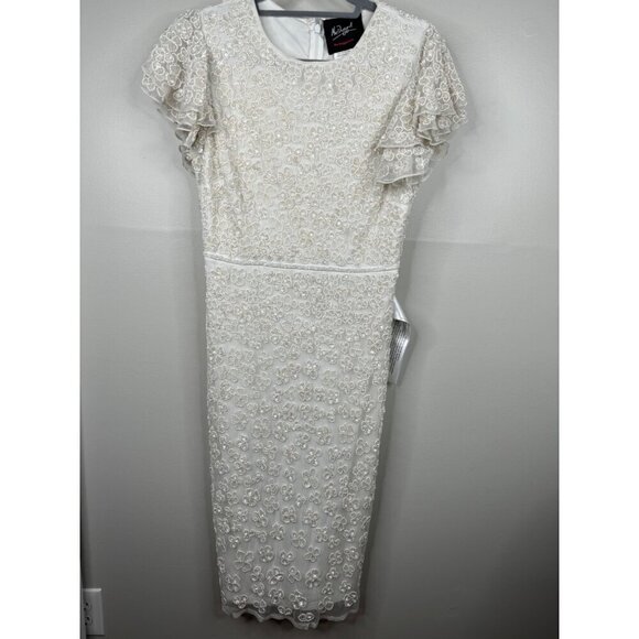 Mac Duggal 10827 White Floral Flounce Sleeve Midi Dress Sequins Beads Size 6 NEW - Picture 4 of 9